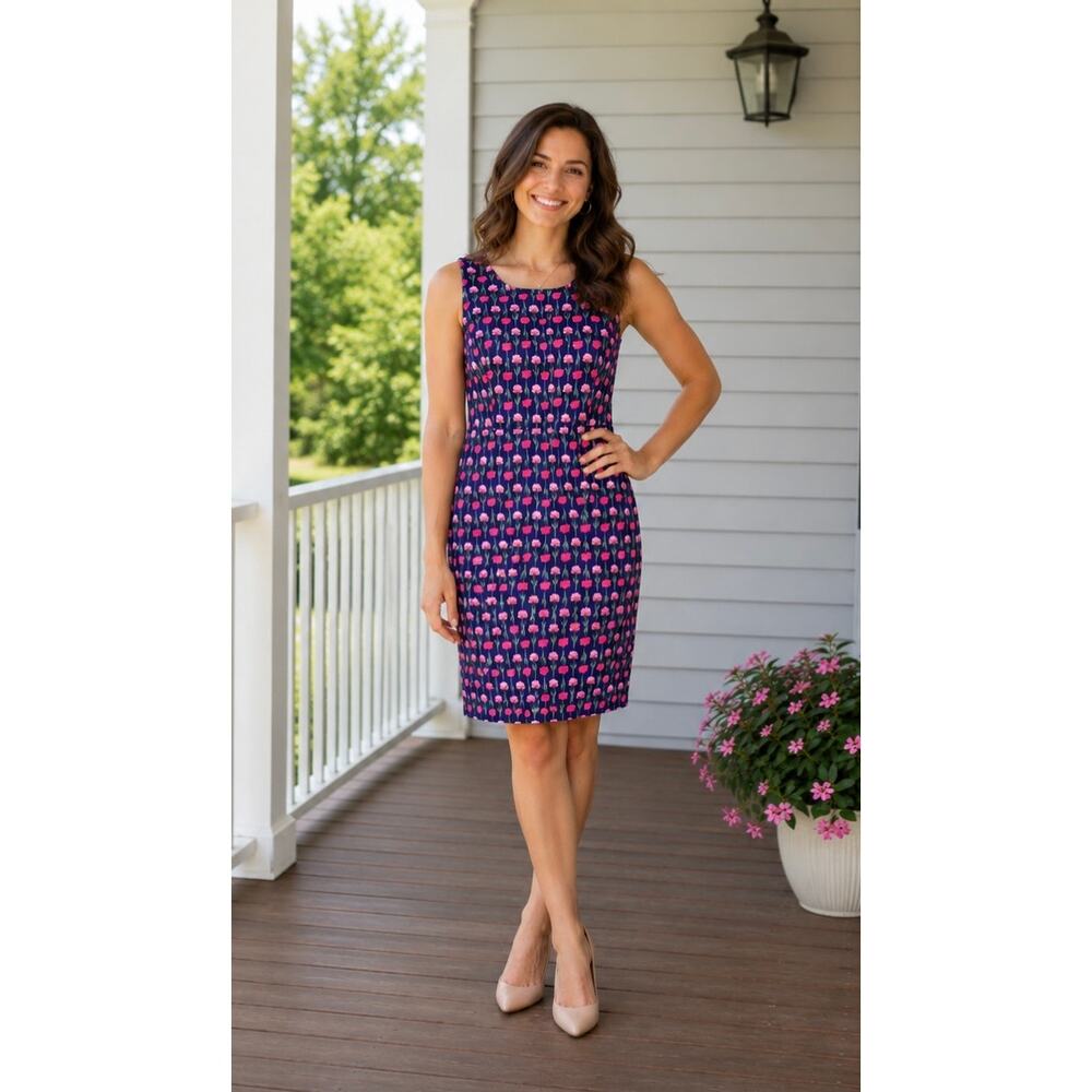J.Crew Floral Sheath Dress Size 14 Navy Pink Sleeveless Cotton Stretch Midi